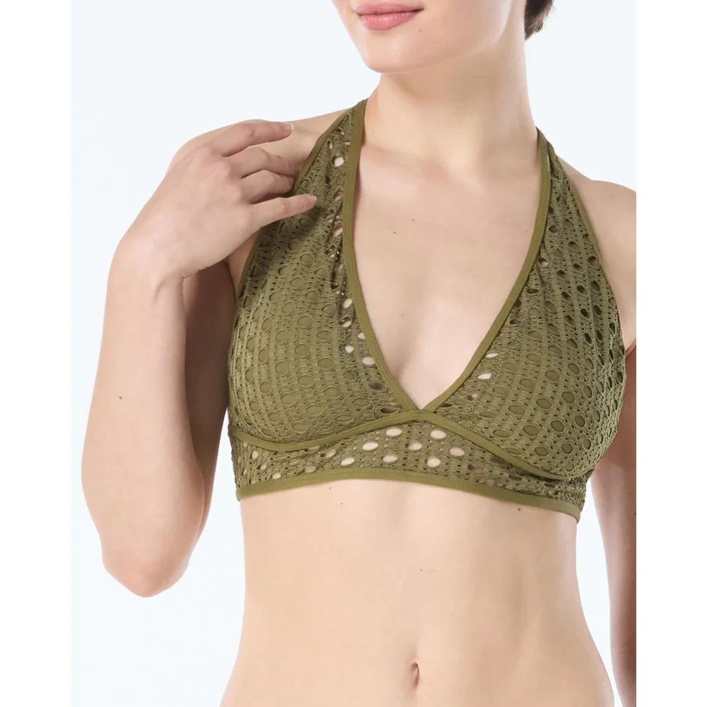 Carmen Marc Valvo Laser Cut Halter Bikini Top Olive Green Size Large NWT